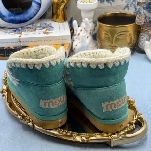 🆕 MOU 🧿 NWT WOB Teal Eskimo Ankle Boot, Cream Crochet Overstitch, Sz EU 35 - Picture 9 of 13
